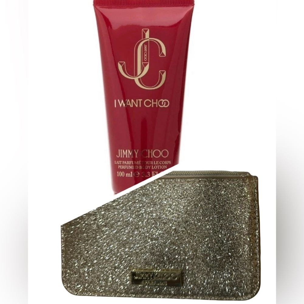 Jimmy Choo Parfum Gold Glitter Zipoer Pouch & I Want Choo Cream, New No Box